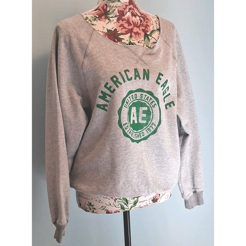 American Eagle Outfitters Women Gray Pullover Sweatshirt XS Logo Oversized Comfy